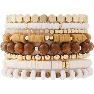 Stackable White and Brown Beaded Bracelet Set - Gold Accent